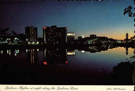 Spokane skyline at night along the Spokane River Washington