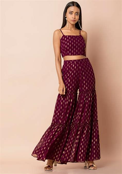 Buy Women Wine Foil Tiered Sharara Pants - RTW - Indya