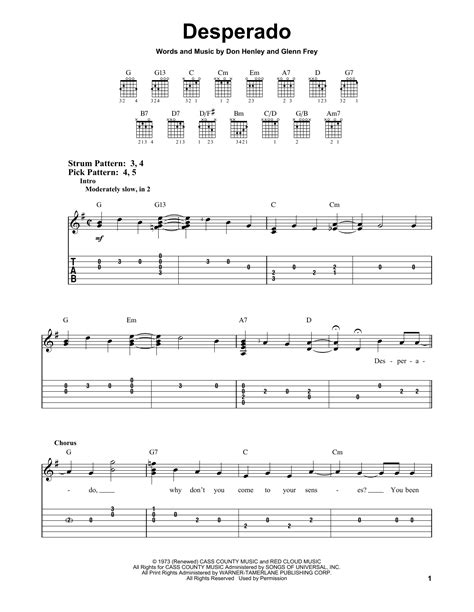 Eagles "Desperado" Sheet Music & Chords | Download 3-Page Printable PDF Guitar Chords/Lyrics ...