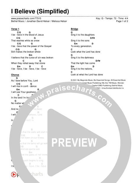 I Believe (Simplified) Chords PDF (Bethel Music / Jonathan David Helser / Melissa Helser ...