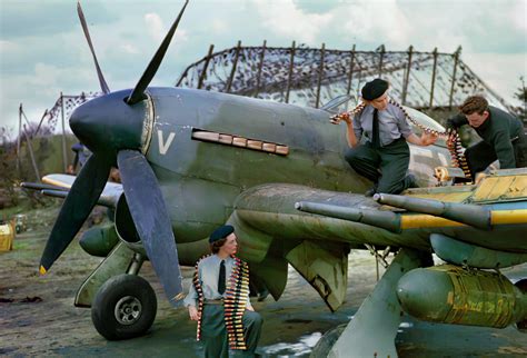 A posed photo of a Hawker Typhoon Mark IB of No. 439 Squadron RCAF at B78/Eindhoven, Holland ...