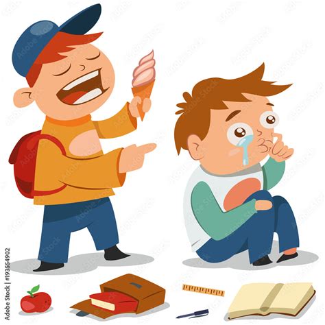 Bullying vector cartoon illustration. Teen with ice cream offends a boy ...