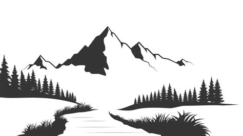 Landscape with silhouettes of mountains and Mountain river. Nature background. Vector ...