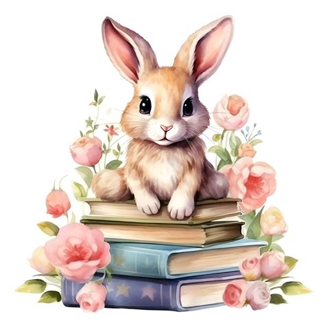 Rabbit Sitting on A Stack of Books Clipart, 16 Jpgs, Watercolor Books, Rabbit Clipart, Books ...