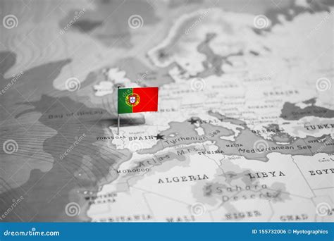 The Flag of Portugal in the World Map Stock Photo - Image of departure ...