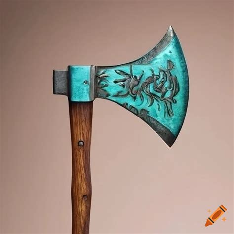 Ornately engraved hatchet with teal inlays on Craiyon