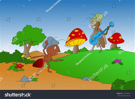 The Ant And The Grasshopper Fable, Vector Illustration - 121405075 ...