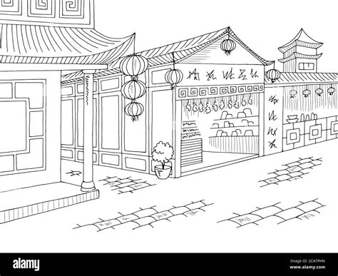 Asia old street graphic black white city landscape sketch illustration vector Stock Vector Image ...