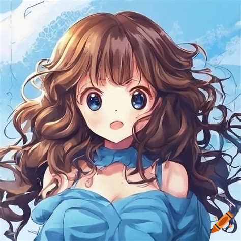 Anime girl, curly brown hair, blue themed clothes, cute, kawaii, clean ...