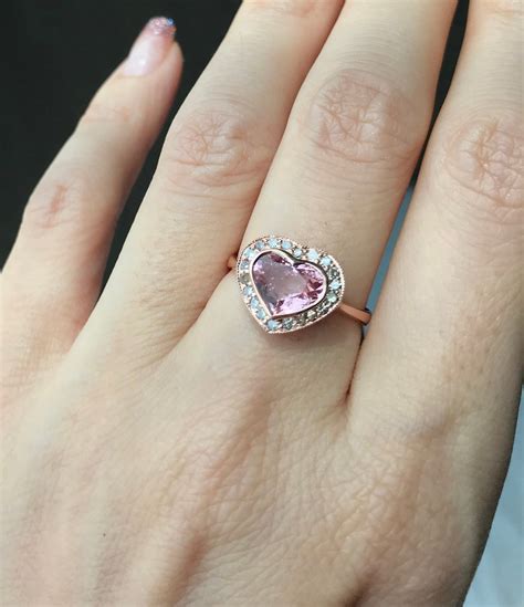 1.65ct Heart Pink Tourmaline Rose Gold Ring- Genuine Tourmaline Halo Engagement Ring- Heart ...