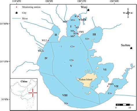 Map of Taihu Lake and distribution of monitoring stations (I-Meiliang... | Download Scientific ...