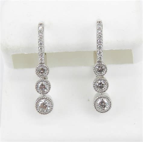 White Gold .75 ct Diamond Drop Earrings Unique Three Stone Design Leverback