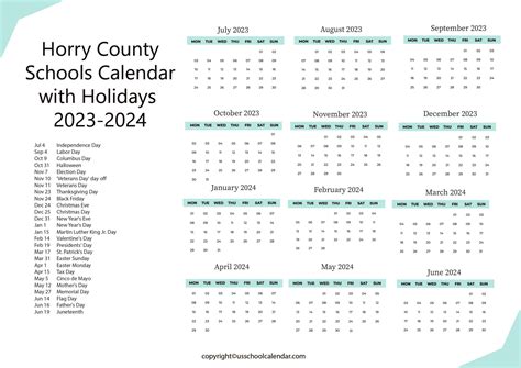 Horry County Schools Calendar with Holidays 2023-2024