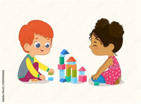 Preschool Red Hair Boy and African American Girl Kids playing with wooden bricks and blocks ...