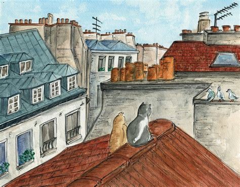 Cat Art Paris Art French Art Print Rooftop Whimsical Art | Etsy