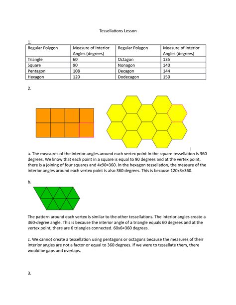 Tessellations Lesson - Tessellations Lesson Regular Polygon Measure of Interior Angles (degrees ...