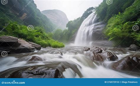 A Large Waterfall in the Middle of a Lush Green Forest Stock ...