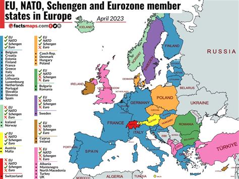 EU, NATO, Schengen and Eurozone member states in Europe - April 2023 - FactsMaps