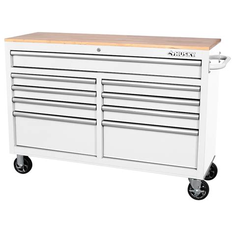 Husky Standard-Duty 52 inch W 9-Drawer Mobile Workbench with Solid Wood Top in Gloss White | The ...