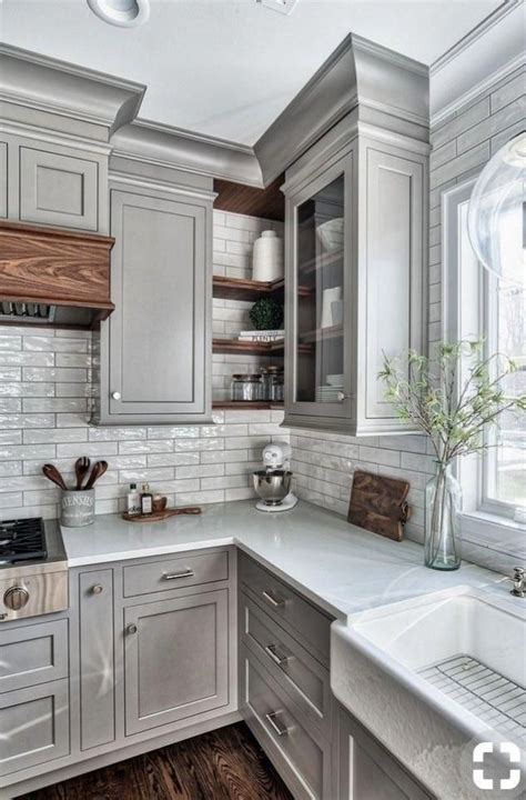 I love the open wood corner shelving between cabinets #luxurykitchen | Kitchen remodel, Kitchen ...