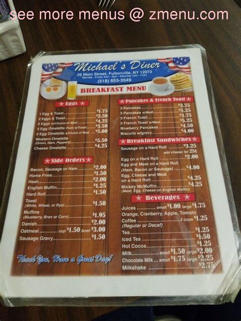 Menu at Michael's Diner restaurant, Fultonville