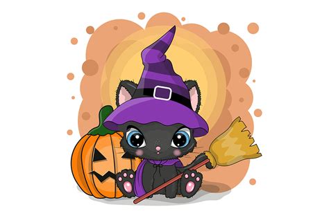 Cute Halloween Cartoon Cat with Pumpkin Graphic by maniacvector ...