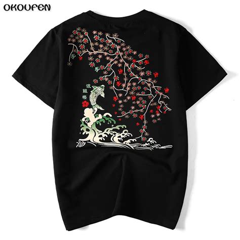 2018 Carp and Cherry Blossoms Print T Shirt Men High Quality Funny T ...