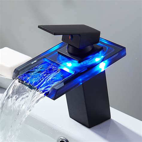 Hot And New Full Copper Black Vanity Faucet Waterfall Led Light Basin Faucet Water Temperature ...