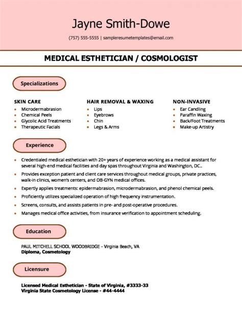 13 Esthetician Resume Pattern | Esthetician resume, Medical esthetician, Resume template