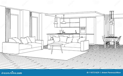 Modern House Interior. Design Project. Sketch Stock Illustration - Illustration of modern ...