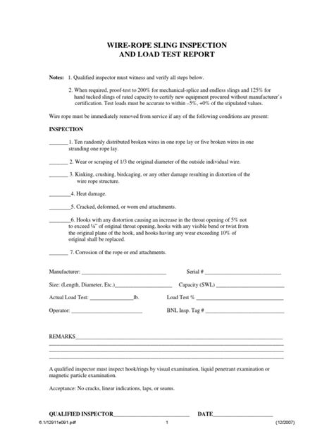 Wire Rope Sling Inspection and Load Test Report (Sample)