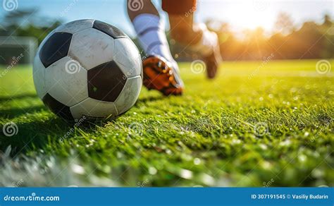 Close-up of a Leg in a Boot Kicking Football Ball. Professional Soccer ...