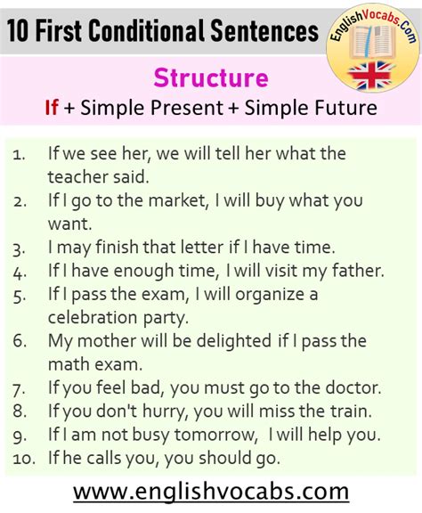 10 First Conditional Sentences Examples, If Clauses Type 1 - English Vocabs Conditional Sentence ...