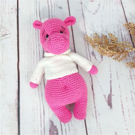 Stuffed toy pink hippo in a sweater, plush toy for a girl, h - Inspire Uplift