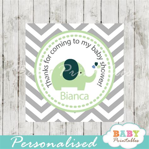 Lime Green Elephant Baby Shower Square Labels - D109 - Baby Printables