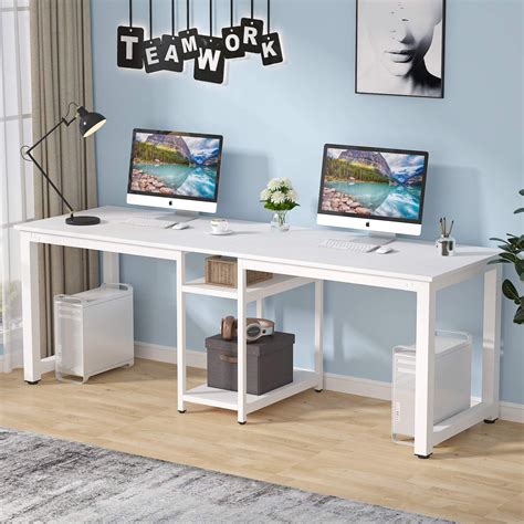 Tribesigns 94.5 inch Two Person Desk, Extra Long Double Computer Desk with Storage Shelves ...
