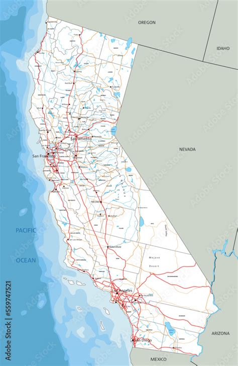 High detailed California road map with labeling. Stock Vector | Adobe Stock