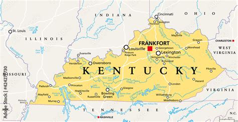 Kentucky, KY, political map with capital Frankfort and largest cities. Commonwealth of Kentucky ...