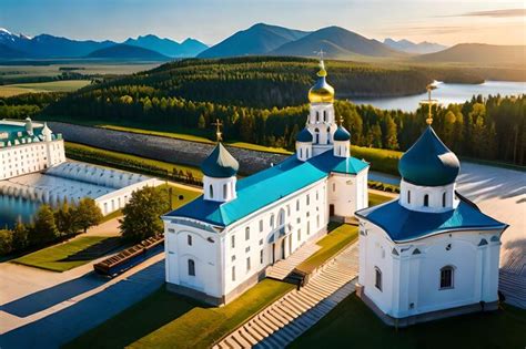 Premium AI Image | aerial view of a church with a lake in the background