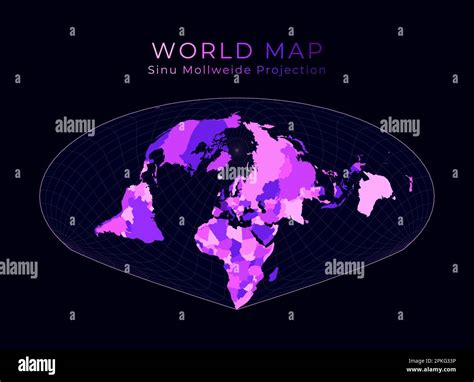 World Map. Allen K. Philbrick's Sinu-Mollweide projection. Digital world illustration. Bright ...