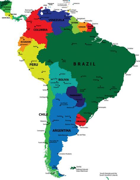 Map of the Continent of South America with Countries and Capitals ...