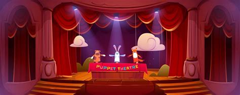 Puppet theater on stage, funny dolls perform show 16265498 Vector Art at Vecteezy