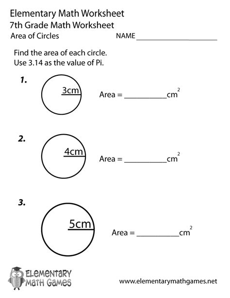 Free Printable Area of Circles Worksheet for Seventh Grade