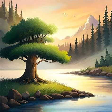 Premium AI Image | A painting of a tree by the river