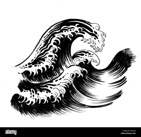 De grosses vagues. Noir et blanc Encre dessin de style japonais Photo ...