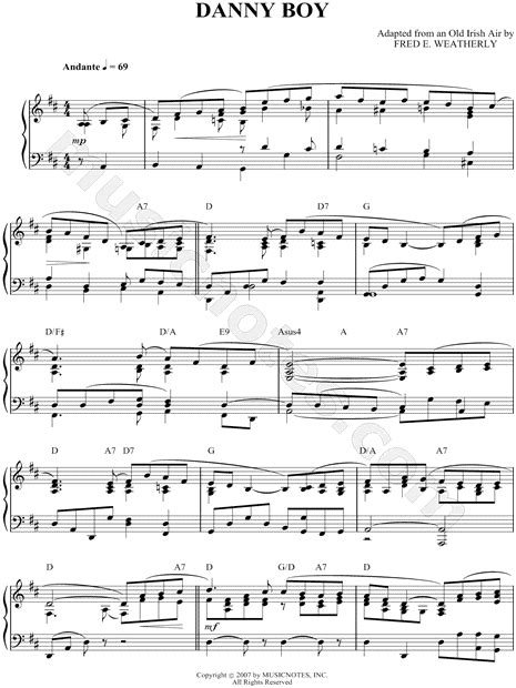 Fred Weatherly "Danny Boy" Sheet Music (Piano Solo) in D Major (transposable) - Download & Print ...