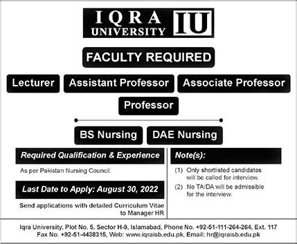 Iqra University Islamabad Jobs August 2022 Teaching Faculty Latest in Islamabad, The News on 27 ...