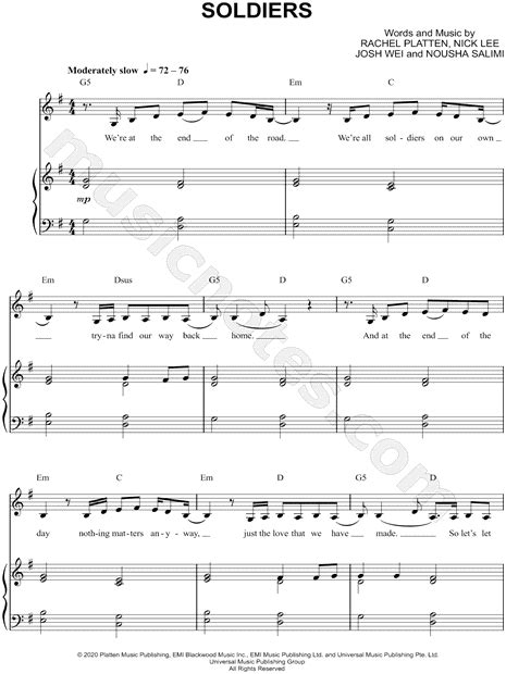 Rachel Platten "Soldiers" Sheet Music in G Major (transposable ...