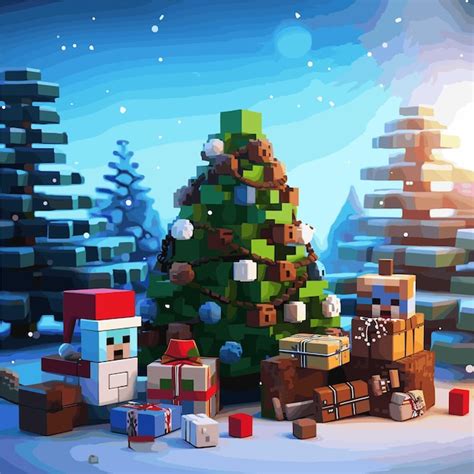 Premium Vector | Christmas background with christmas tree and toys in minecraft and pixel style