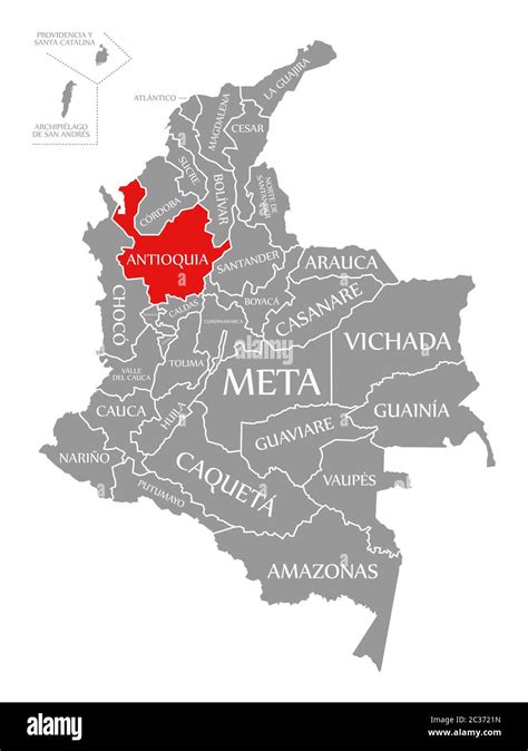 Antioquia resaltada en rojo en el mapa de Colombia Fotografía de stock - Alamy